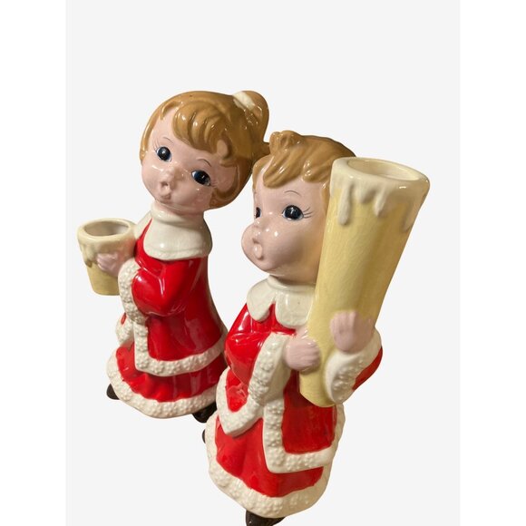 Christmas Ceramic Candle Holder Set of Two Children Caroler Figures - Picture 4 of 14